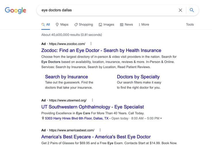 Figure 1: Ads shown above organic search results for a search query