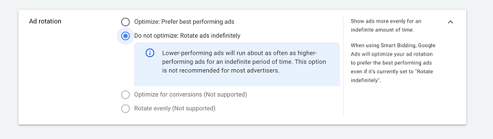 how to run google ads - screenshot of ad rotation options