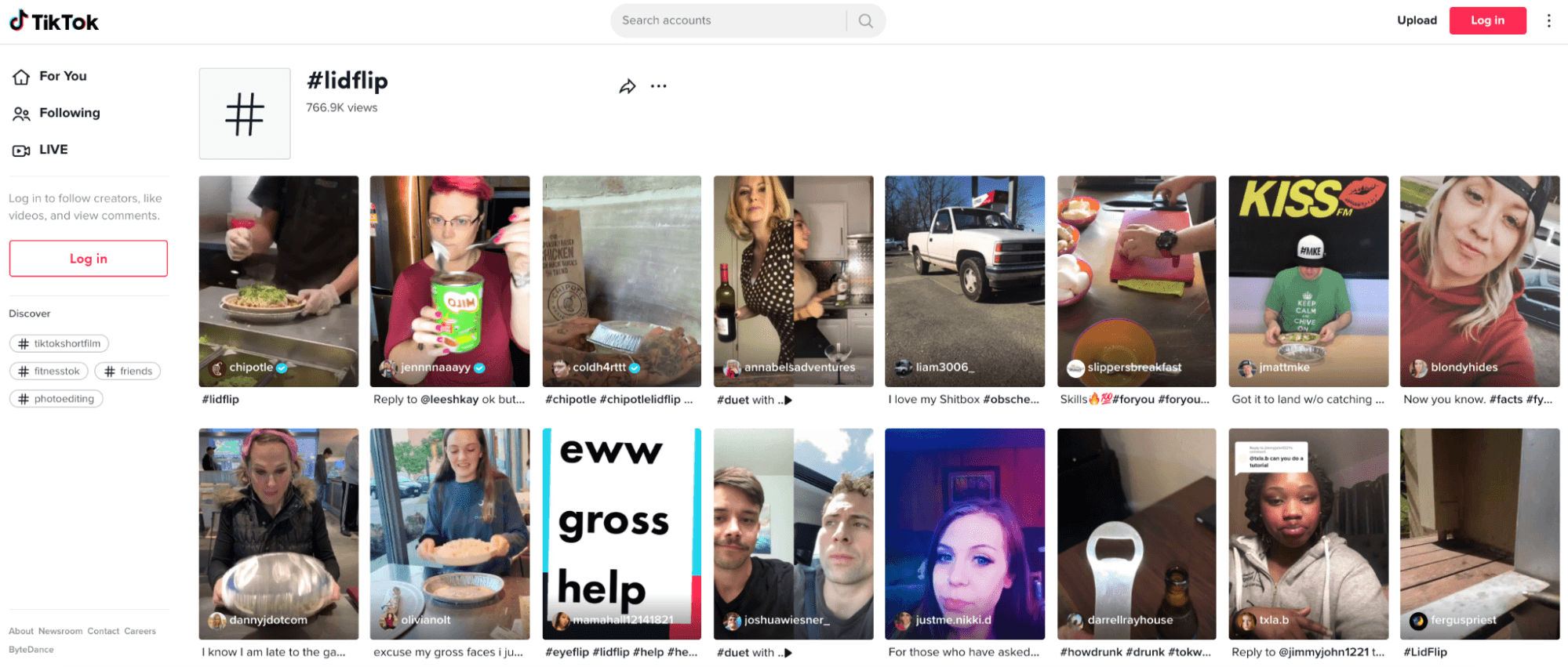 A screenshot of #lidflip page on TikTok, showcasing a number of videos created using the lidflip hashtag.