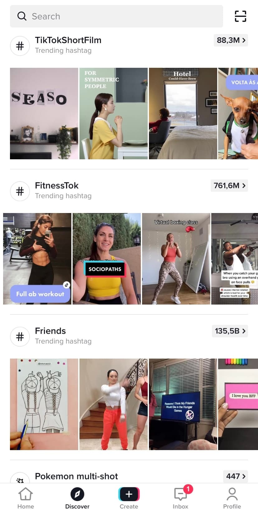 A screenshot of TikTok’s discovery tab featuring the trending hashtags #TikTokShortFilm, #FitnessTok and #Friends.