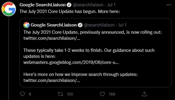 Google SearchLiaison July 2021 Core Update