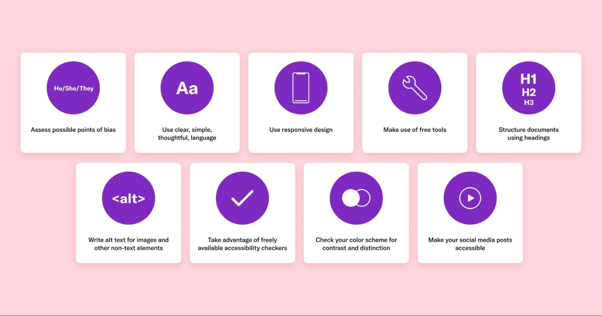 Purple icons in white boxes on pink background representing the following nine tips.
