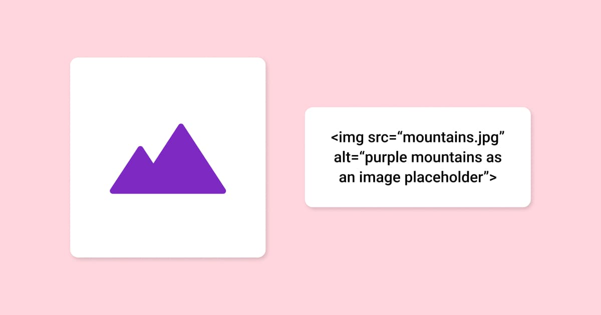 Purple mountain icon in white box on pink background next to an example alt text tag for the same image.