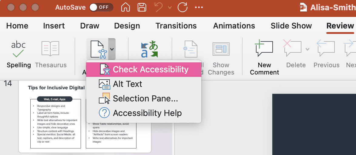 An example of the check accessibility function in PowerPoint.