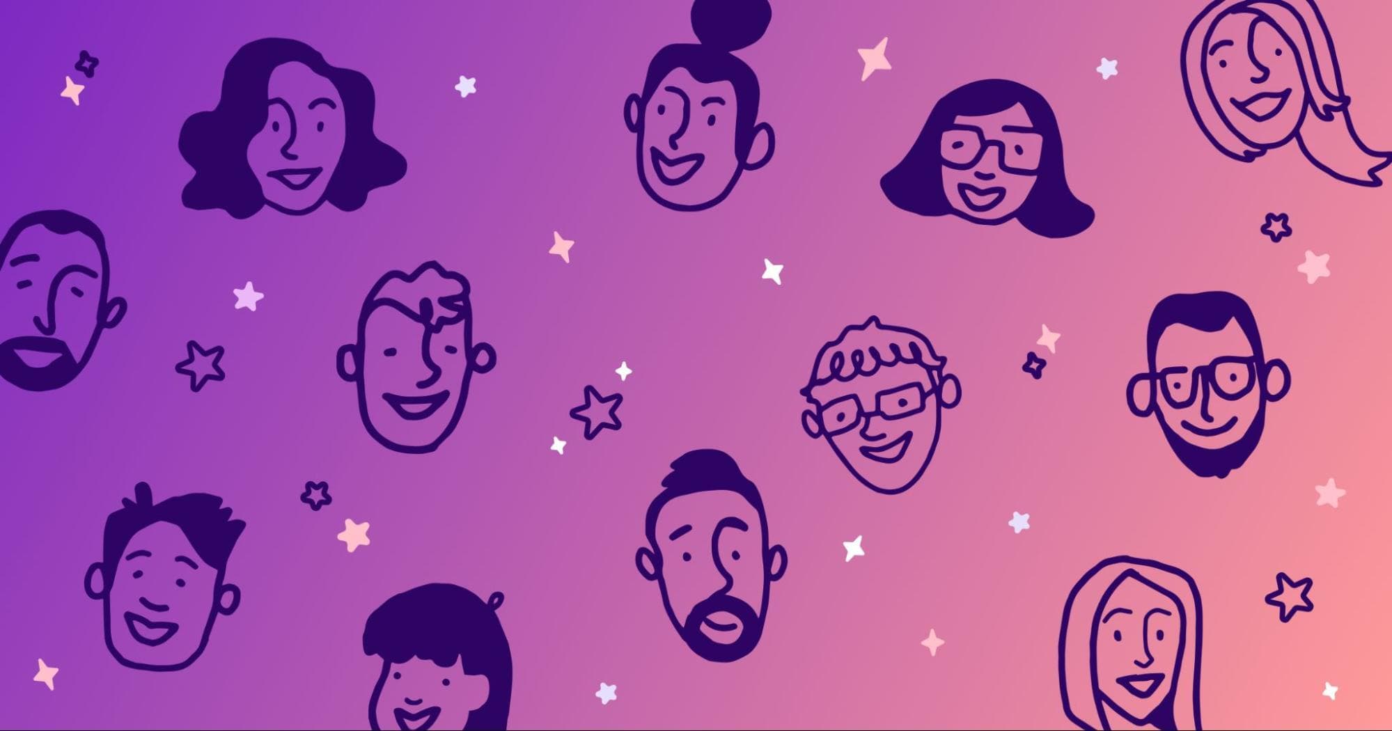 Illustrations of human faces on purple and pink background.