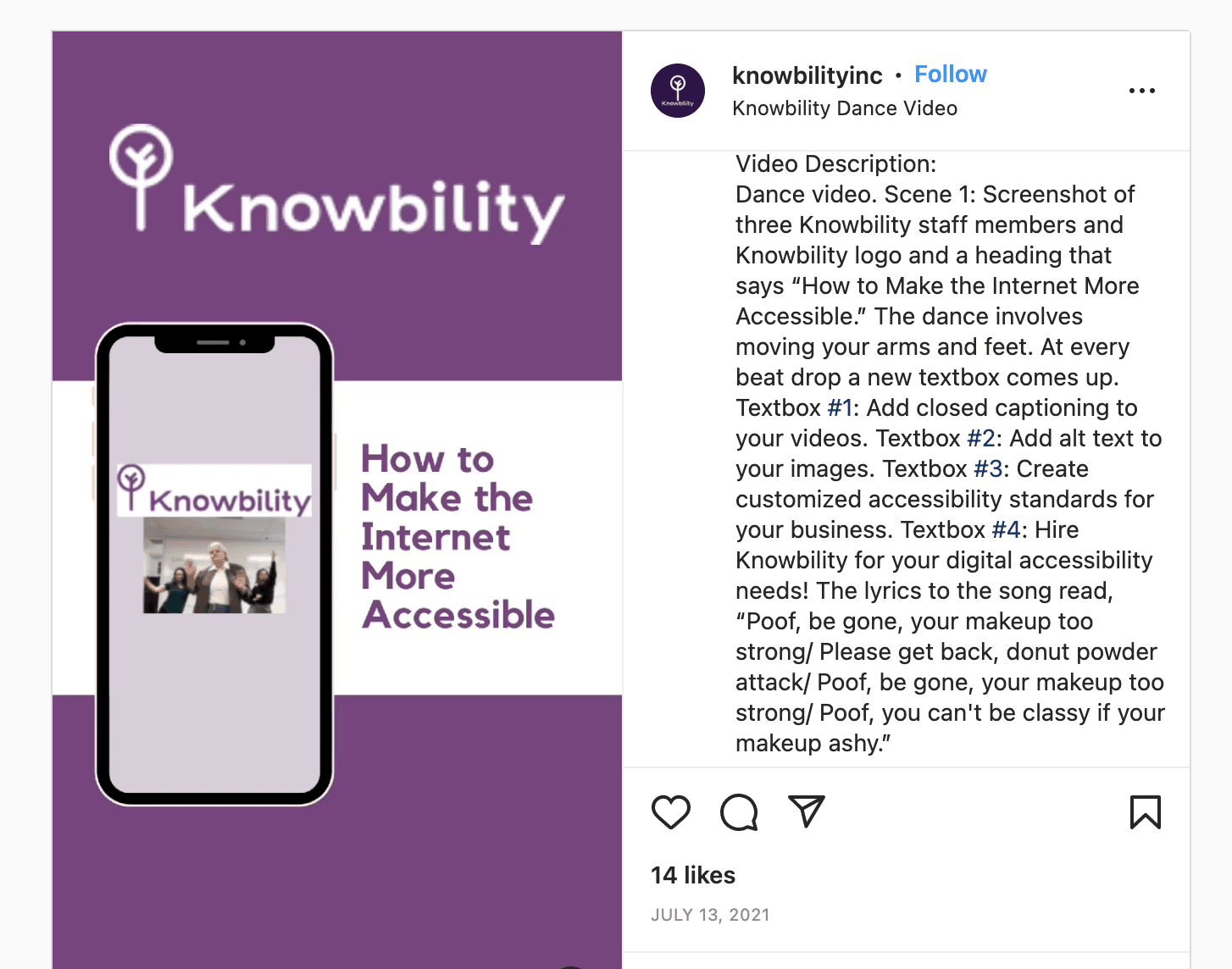Screenshot of a Knowbility instagram post on how to make the internet more accessible.