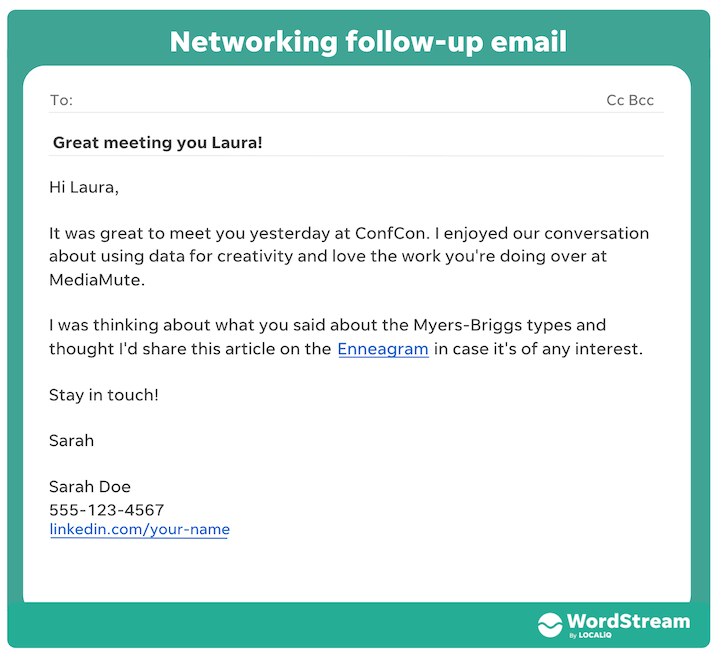networking follow up email example