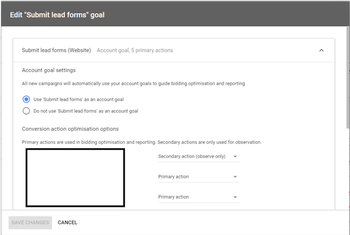 ppc audit - goal edit view in google ads