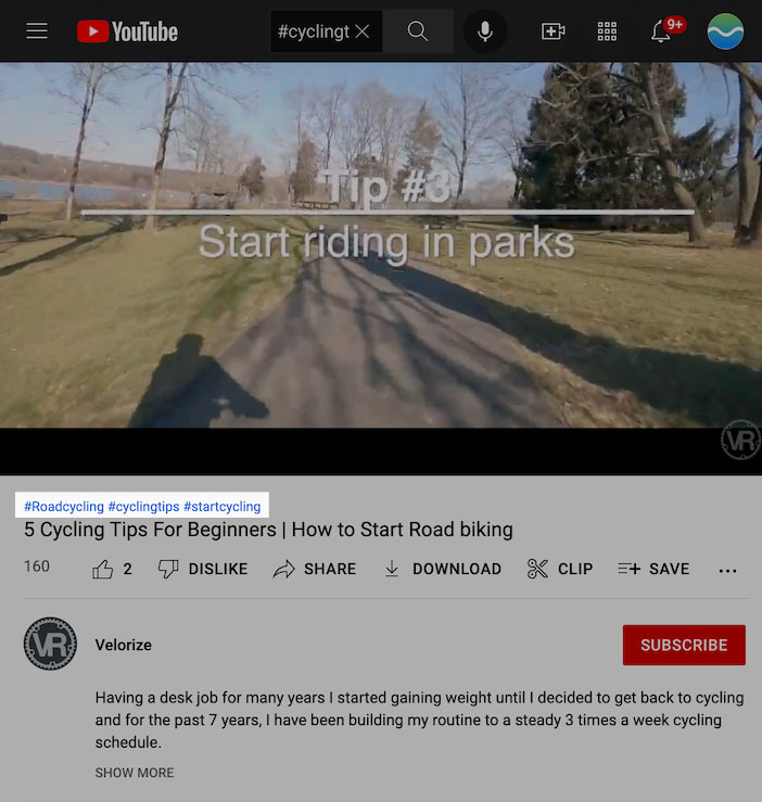 example of youtube hashtags on cycling video