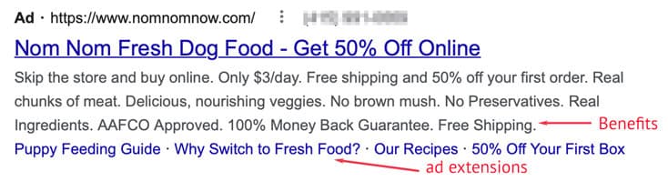 Figure: Example of an ad from Google. Note the compelling offer, list of benefits and use of ad extensions for supporting information.