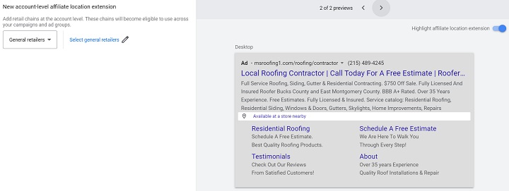 google ad extensions - screenshot of setting up affiliate location extension