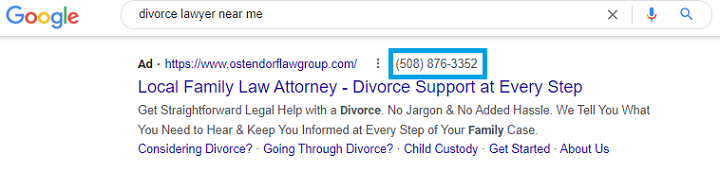 google ad call extension - example of call extension on serp