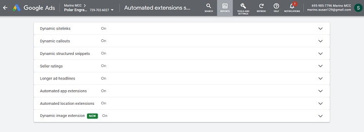 google ad extensions - screenshot of all dynamic extensions listed in the platform