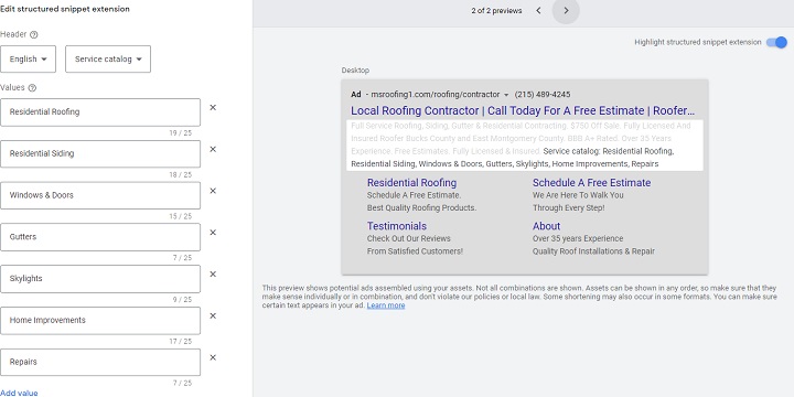 google ad extensions - screenshot of structured snippet extension settings