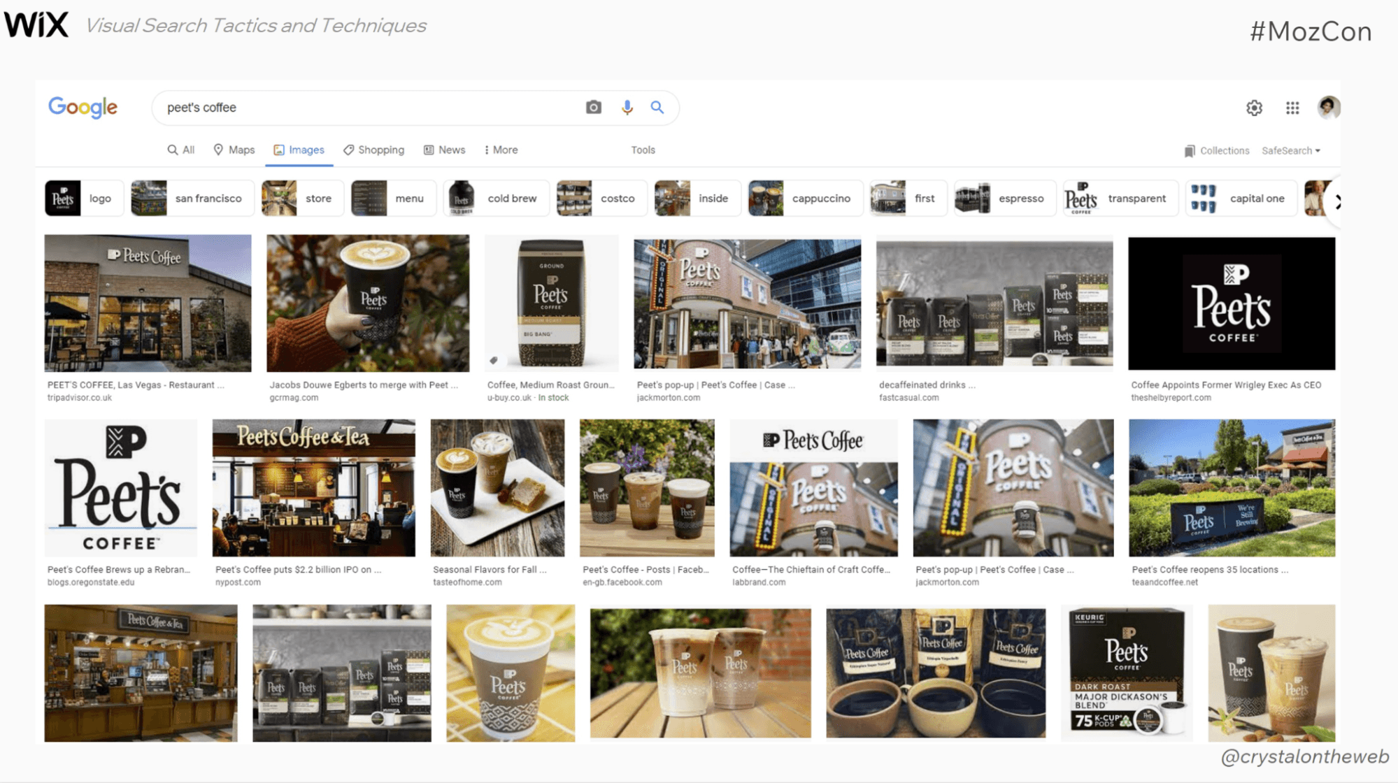 Screenshot of a Peet's Coffee visual search with several image results of the coffee company branding.