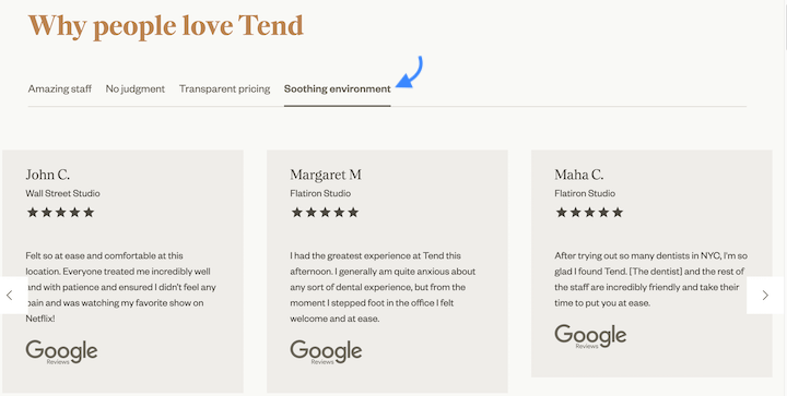 small business website examples - tend's testimonials section