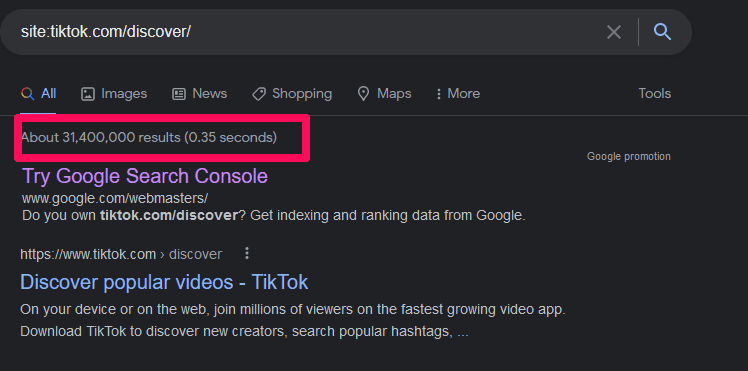 Screenshot showing number of search results for TikTok.