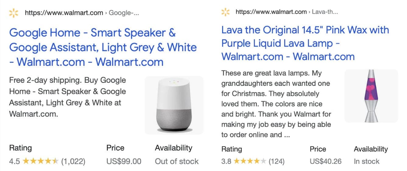 Screenshot of SERP with Walmart product listings.