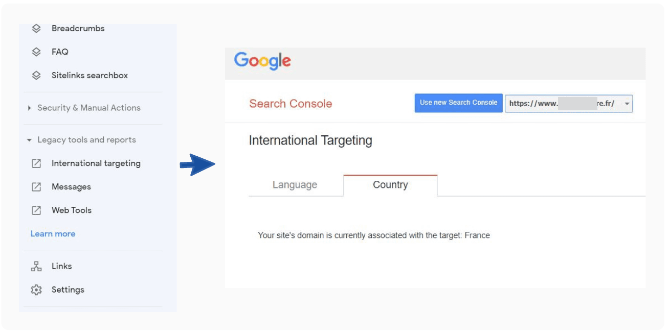 International targeting report in Google Search Console for a French domain using a ccTLD.