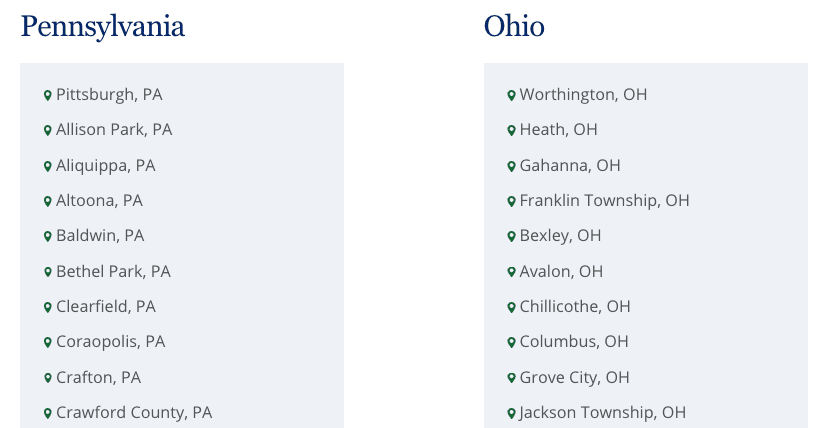 Screenshot of location page showing lists of service locations in Pennsylvania and Ohio.