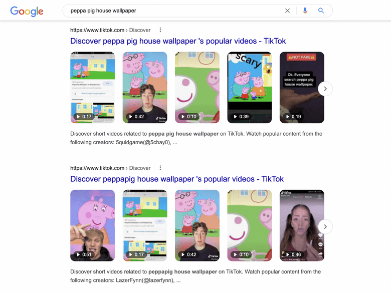 SERP showing TikTok video search results for
