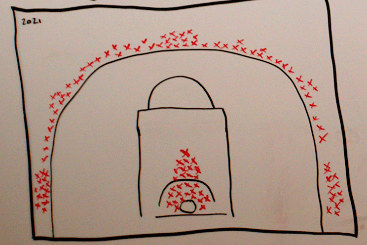 Drawing in black and red on a whiteboard of the common shooting points in basketball as of 2021.
