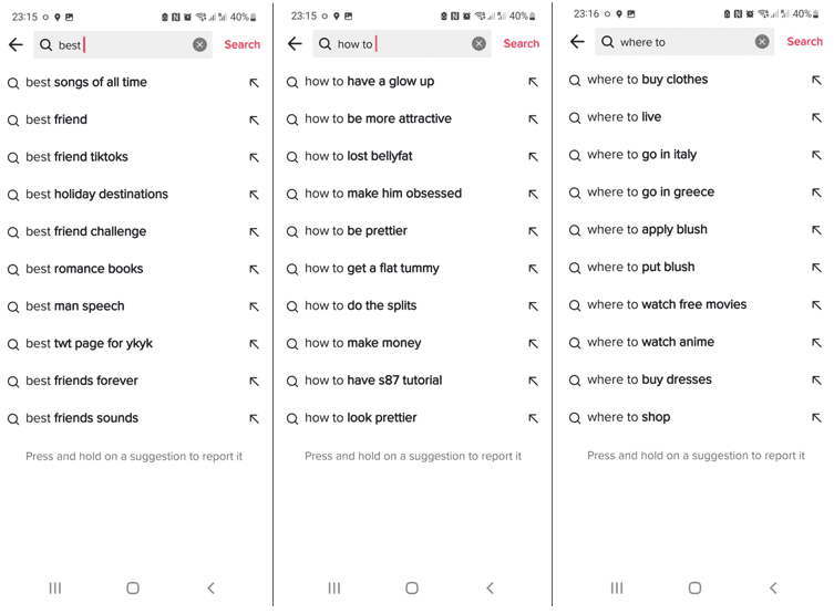 Side-by-side screenshots of TikTok search autopopulating suggested searches for