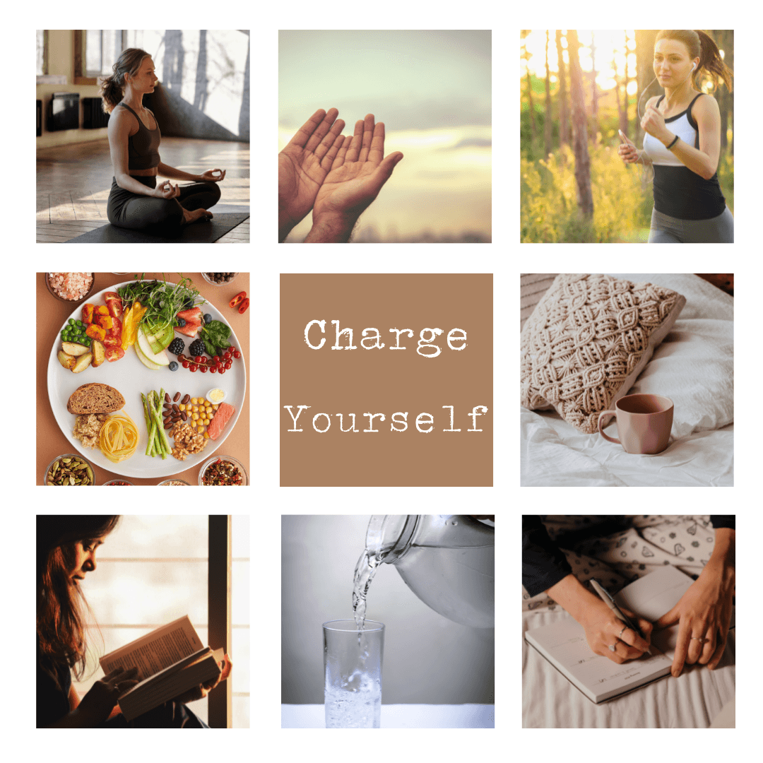 Grid of 9 images. Top row, left to right: woman meditating, an open pair of hands, a woman running. Middle, left to right: a plate of healthy food, a brown square reading 
