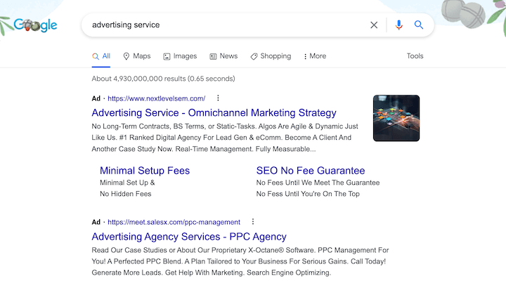 SERP for a commercial intent search for "advertising services"