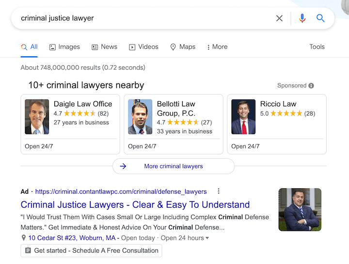 commercial intent keyword example - search for "criminal justice lawyer"