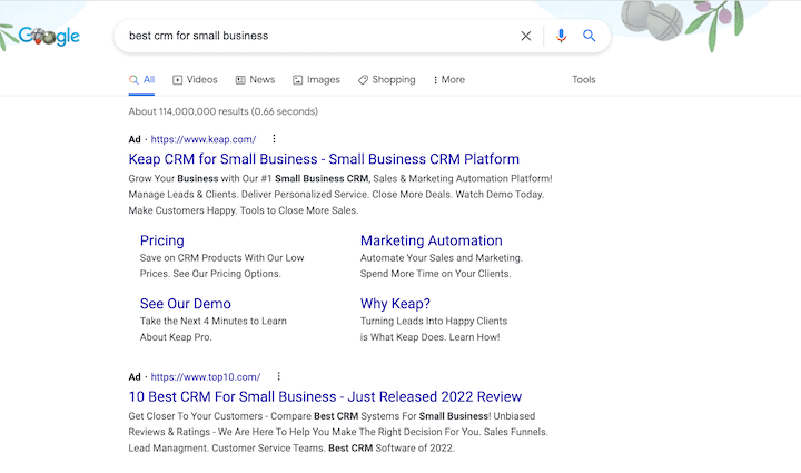 SERP for a commercial intent keyword search - "best CRM for small business"