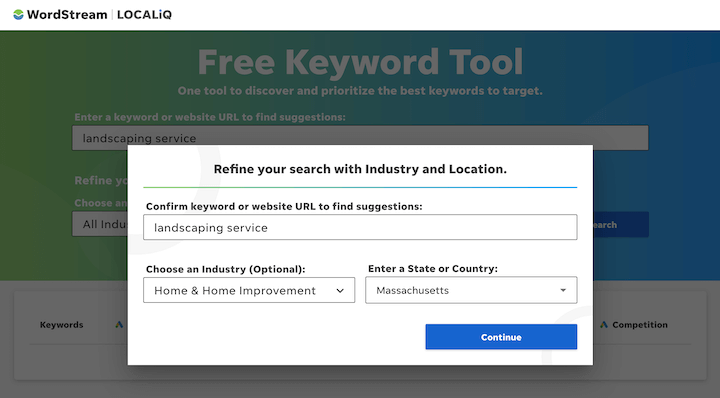 wordstream free keyword tool search example