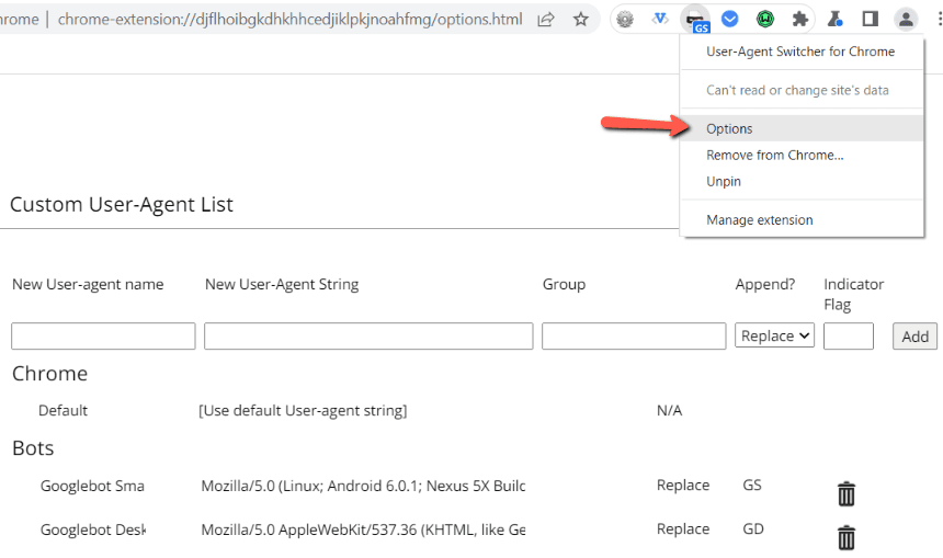 Screenshot showing User-Agent Switcher options described in the paragraph above