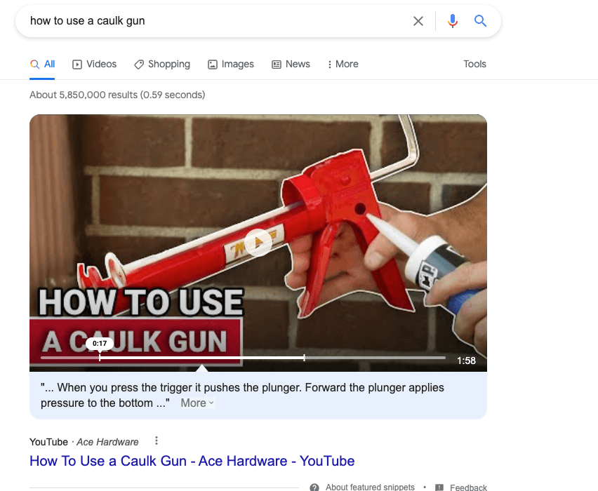 Screenshot of "how to use a caulk gun" SERP with a video tutorial at the top.