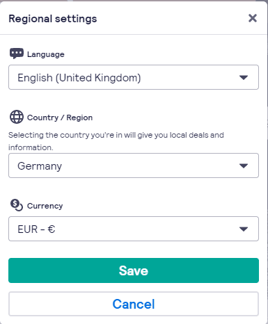 An example of different settings regarding language, country, and currency.