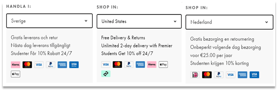 An example of the ASOS website with different payment methods depending on the country.