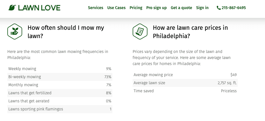 Screen shot of extra FAQ information Lawn Love provides on their location pages.