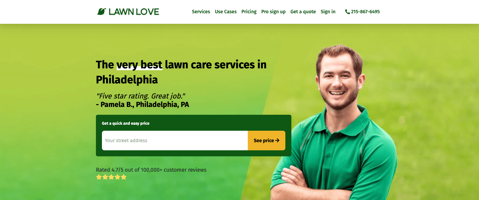 Screenshot of the Lawn Love homepage for the Philadelphia location.
