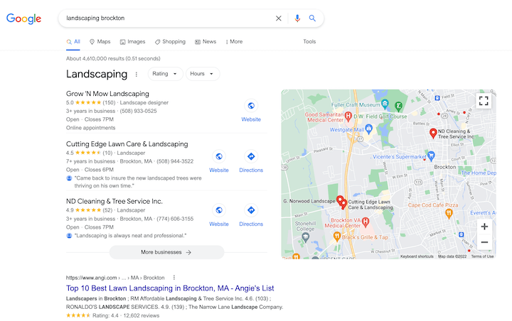 SERP for a local commercial intent search