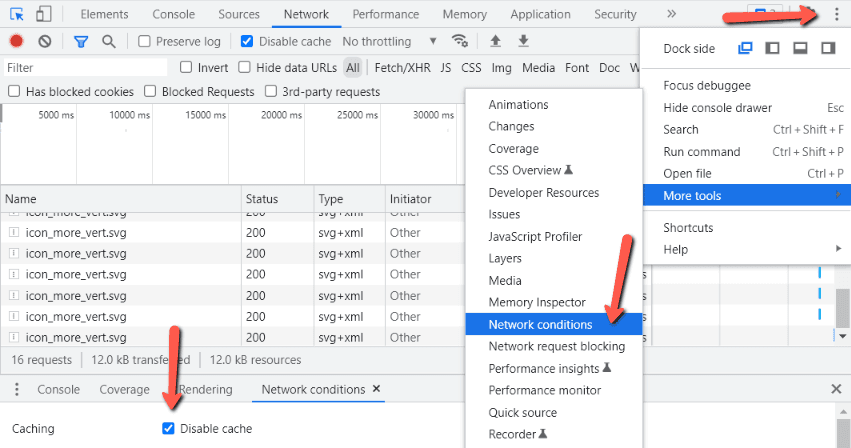 DevTools screenshot showing the actions described above to disable cache