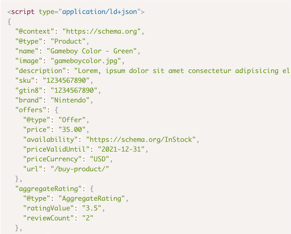 Screenshot of product schema code.