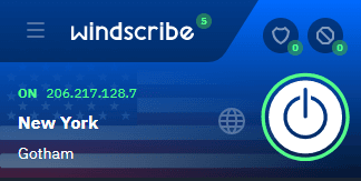 Windscribe browser extension showing location set to New York: Gotham, with a background of the United States of America flag behind a blue overlay