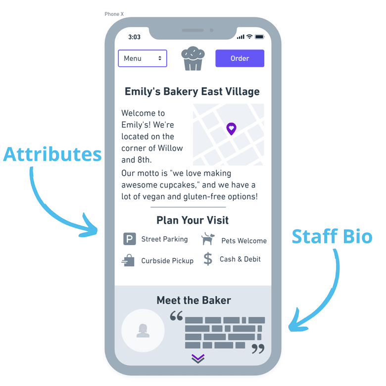 Illustration of a mobile phone showing a location page example with attributes and staff bios.