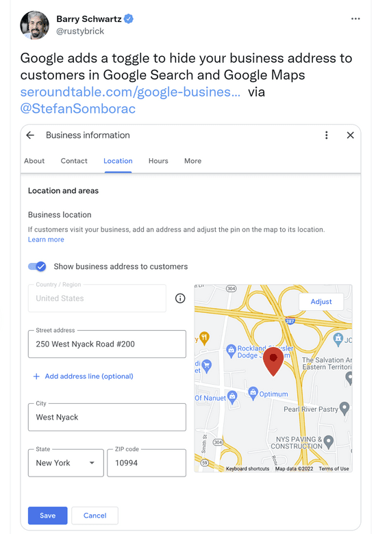 Tweet from SEO Barry Schwartz capturing new toggle functionality for hiding your address in Google Search and Google Maps.