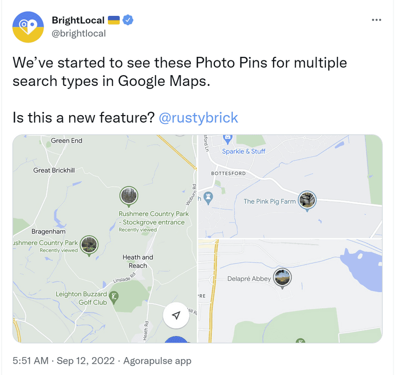 Tweet from SaaS provider Bright Local shows test of circular Google Maps pins containing images.