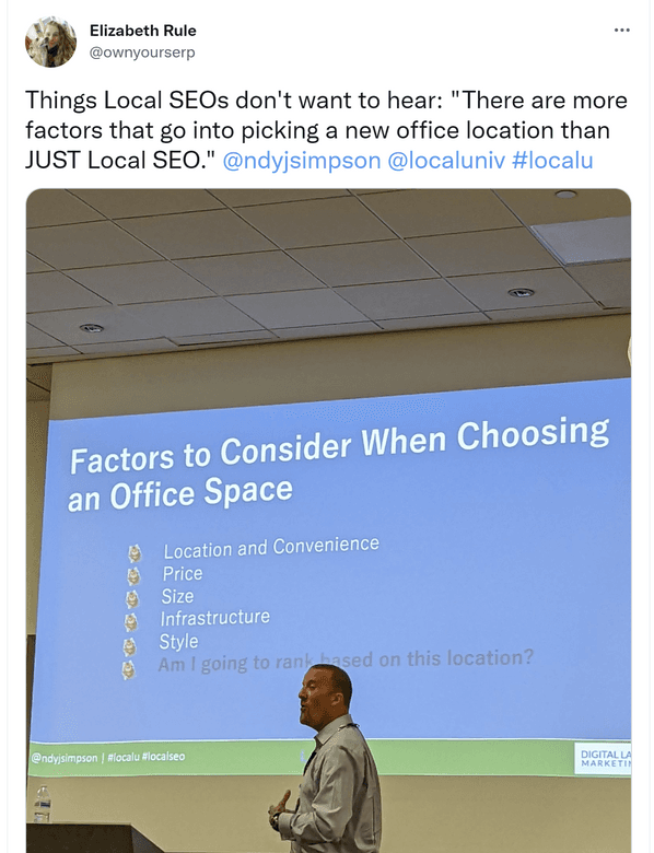Tweet from SEO Elizabeth Rule shows slide from speaker Andy Simpson's presentation on why local SEO is just one consideration in choosing a business location.