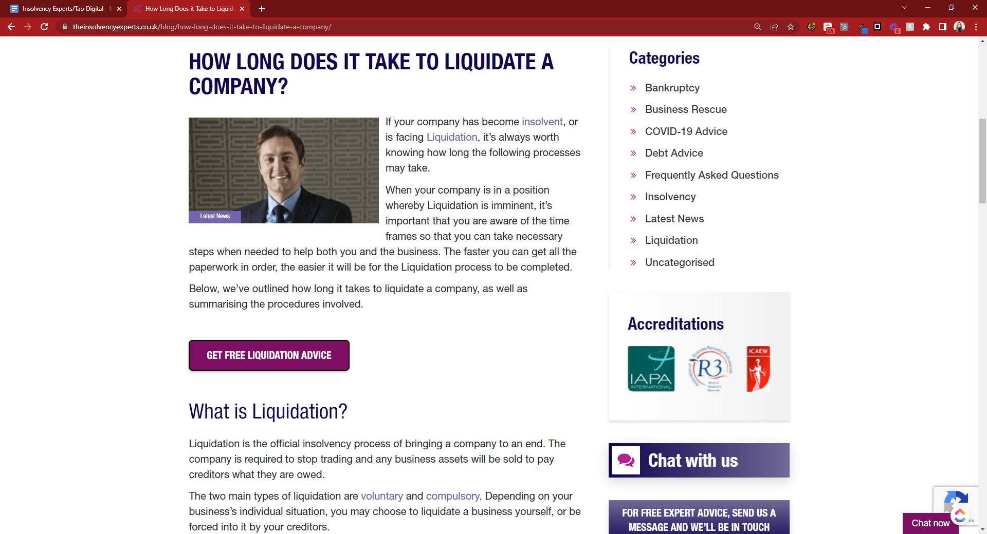 An example of a piece of content with a ‘Get Free Liquidation Advice’ CTA in the middle