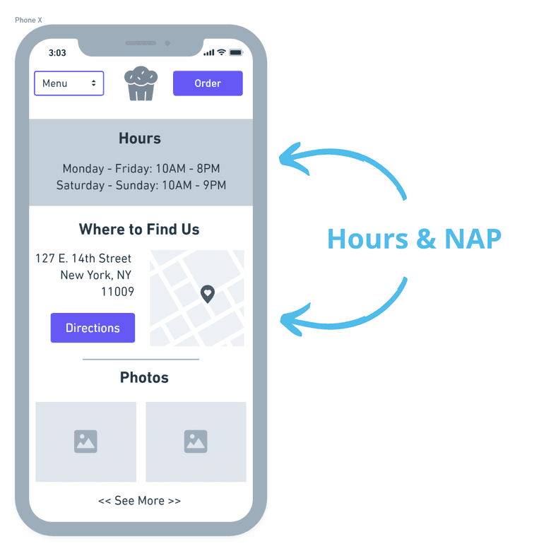 Illustration of a mobile phone showing a location page with hours and NAP info.