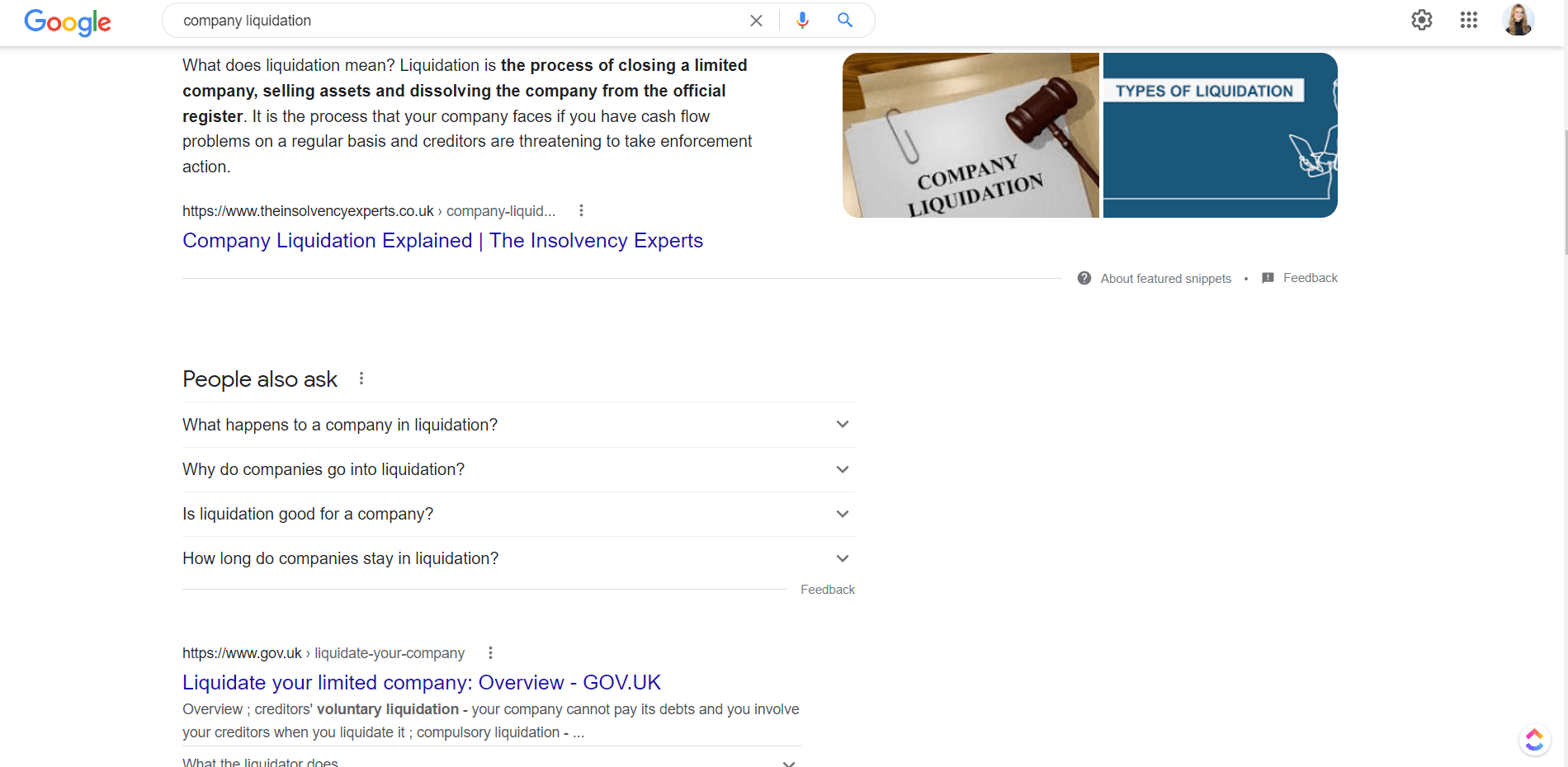 Screenshot of the SERP showing that Insolvency Experts’ company liquidation guide appears above official UK government advice.