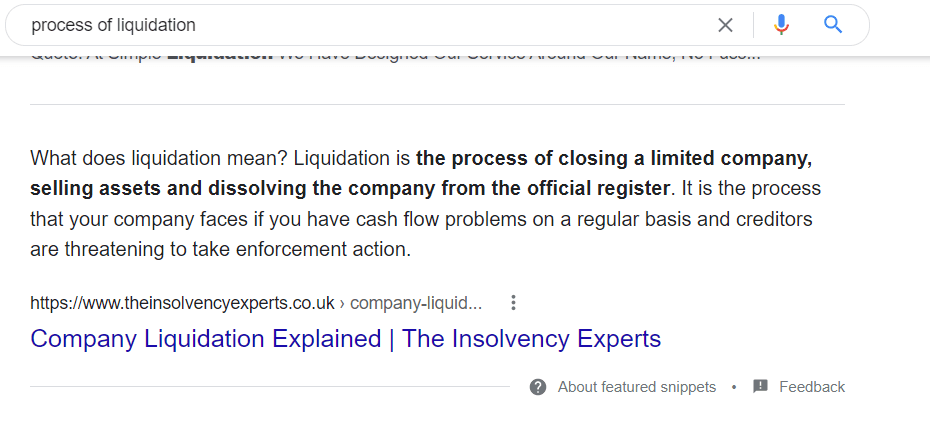 Screenshot showing the company liquidation guide appearing in a featured snippet query for ‘process of liquidation’
